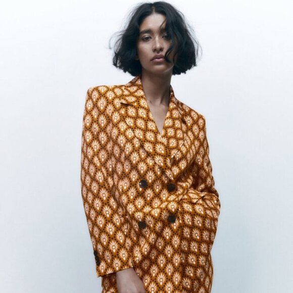 Zara Double Breasted Aztec Geometric Printed Blazer Jacket Medium NWOT - Picture 2 of 16